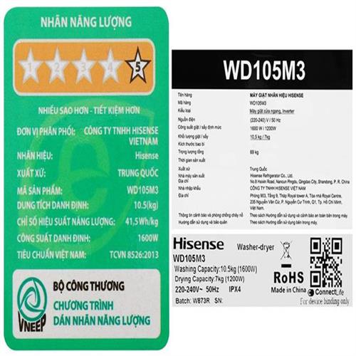 Máy giặt sấy Hisense Inverter giặt 10.5 kg - sấy 7 kg WD105M3 8