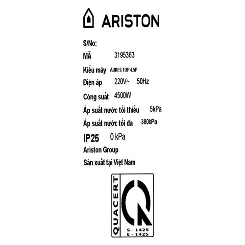 Máy nước nóng trực tiếp Ariston 4500W AURES TOP 4.5P  Có Bơm 1