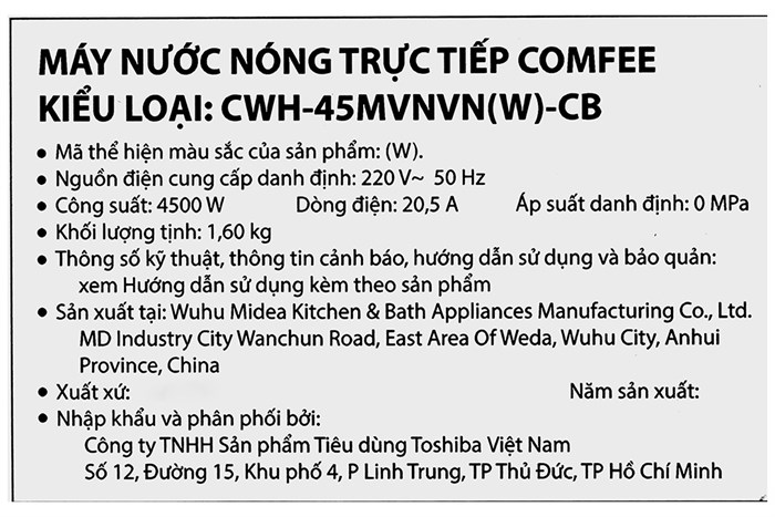 Máy nước nóng trực tiếp Comfee 4500W CWH-45MVNVN(W)-CB ( không bơm ) 6