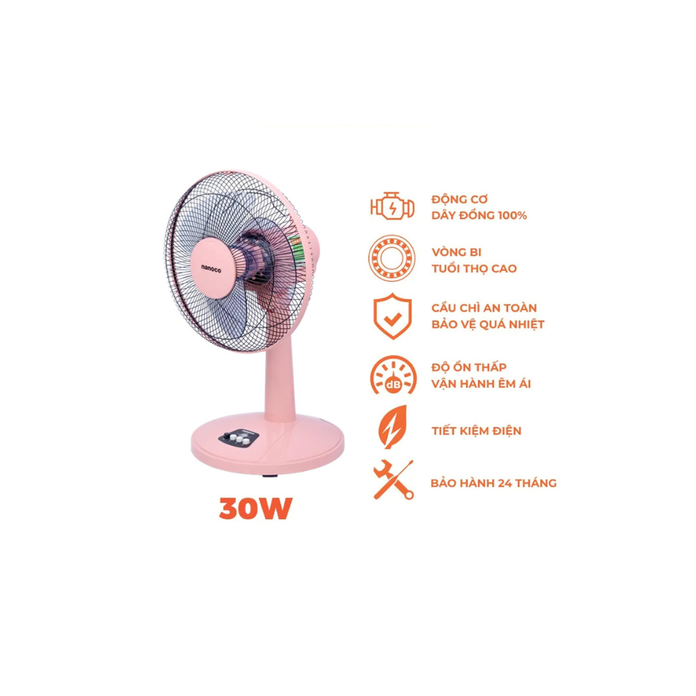 Quạt bàn Nanoco NTF1209P 30W, Màu Hồng