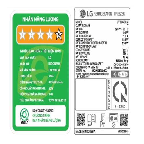 Tủ lạnh LG Inverter 266 lít LTB26BLM 5